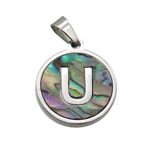Raw Stainless Steel Pendant Pave Abalone Shell Letter-U