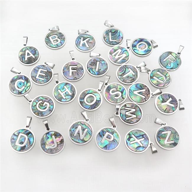 Raw Stainless Steel Letter Pendant Pave Abalone Shell Mix Alphabet