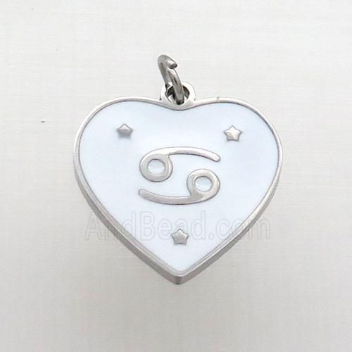 Raw Stainless Steel Heart Pendant White Enamel Zodiac Cancer