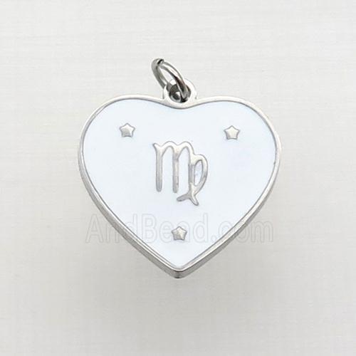 Raw Stainless Steel Heart Pendant White Enamel Zodiac Virgo