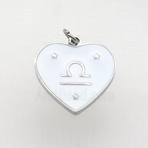 Raw Stainless Steel Heart Pendant White Enamel Zodiac Libra
