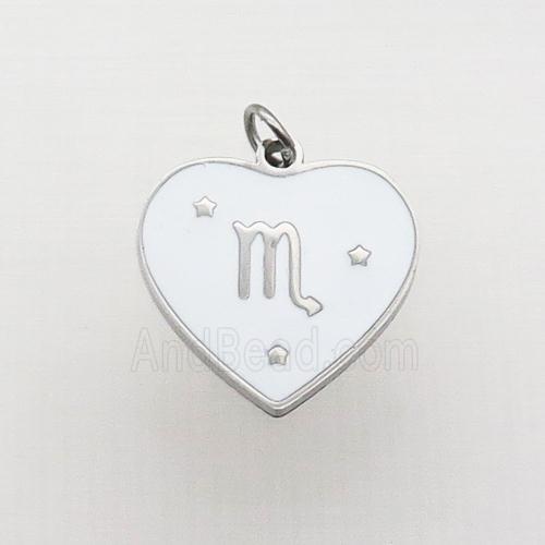 Raw Stainless Steel Heart Pendant White Enamel Zodiac Scorpio
