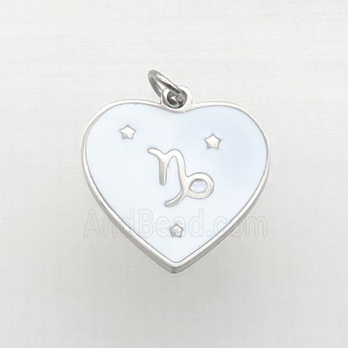 Raw Stainless Steel Heart Pendant White Enamel Zodiac Capricorn