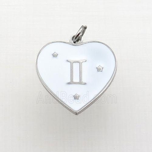 Raw Stainless Steel Heart Pendant White Enamel Zodiac Gemini