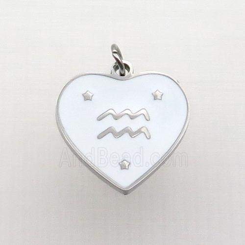 Raw Stainless Steel Heart Pendant White Enamel Zodiac Aquarius