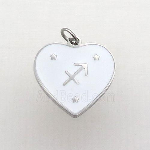 Raw Stainless Steel Heart Pendant White Enamel Zodiac Sagittarius