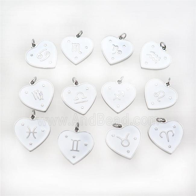 Raw Stainless Steel Heart Pendant White Enamel Zodiac Mixed