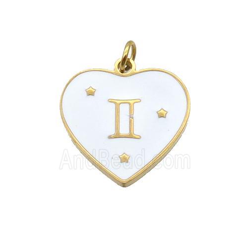 Stainless Steel Heart Pendant White Enamel Zodiac Gemini Gold Plated