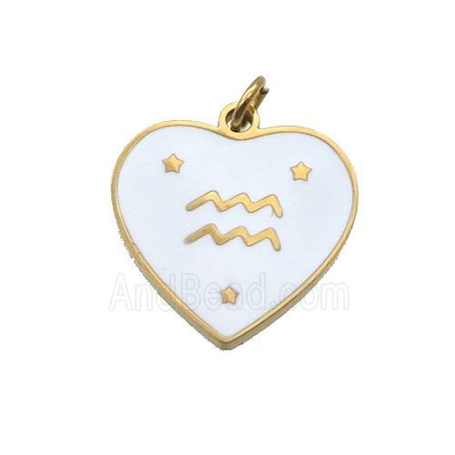 Stainless Steel Heart Pendant White Enamel Zodiac Aquarius Gold Plated