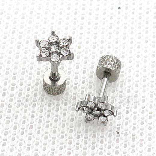 Raw Stainless Steel Stud Earrings Pave Rhinestone Flower