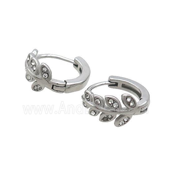Raw Stainless Steel Hoop Earrings Pave Rhinestone Leaf