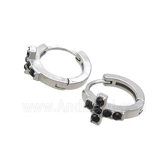 Raw Stainless Steel Hoop Earrings Pave Rhinestone Cross