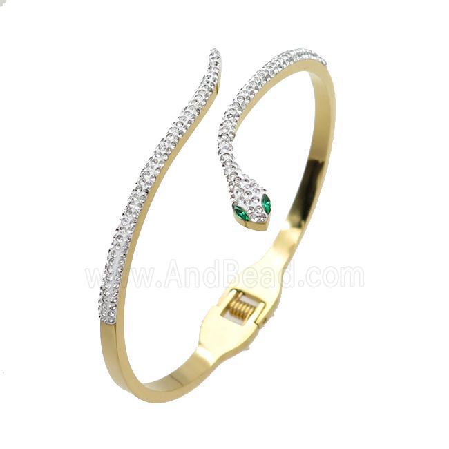 Stainless Steel Bangle Pave Rhinestone Snake Gold Plated