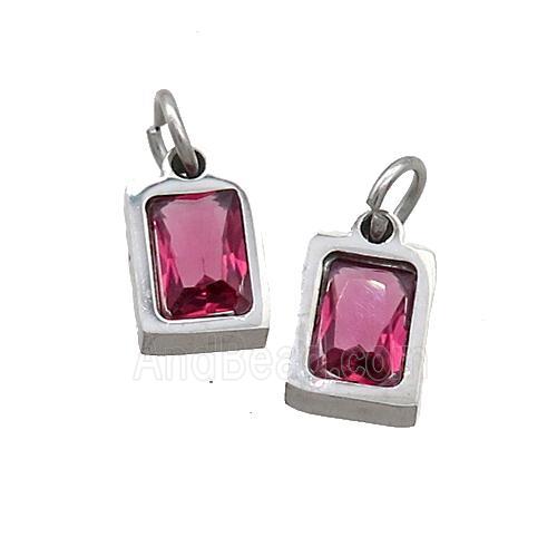 Raw Stainless Steel Pendant Pave Red Zircon Rectangle