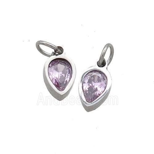 Raw Stainless Steel Teardrop Pendant Pave Pink Zircon