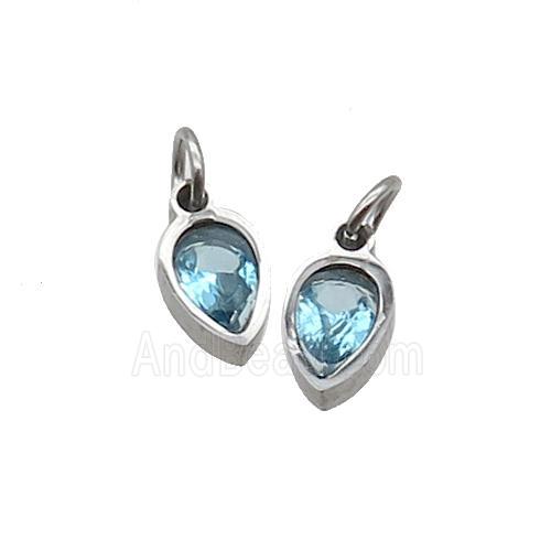 Raw Stainless Steel Teardrop Pendant Pave Aqua Zircon