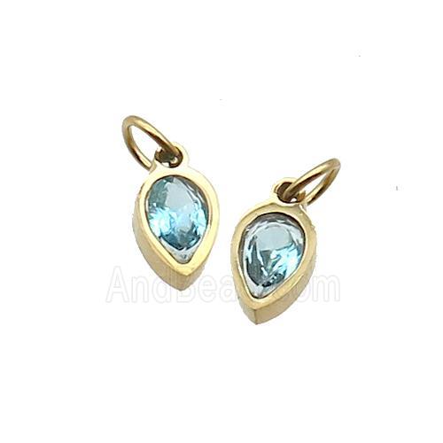 Stainless Steel Teardrop Pendant Pave Aqua Zircon Gold Plated