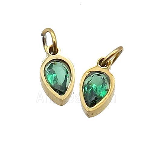 Stainless Steel Teardrop Pendant Pave Green Zircon Gold Plated