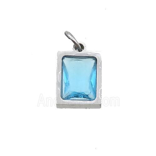 Raw Stainless Steel Rectangle Pendant Pave Blue Zircon