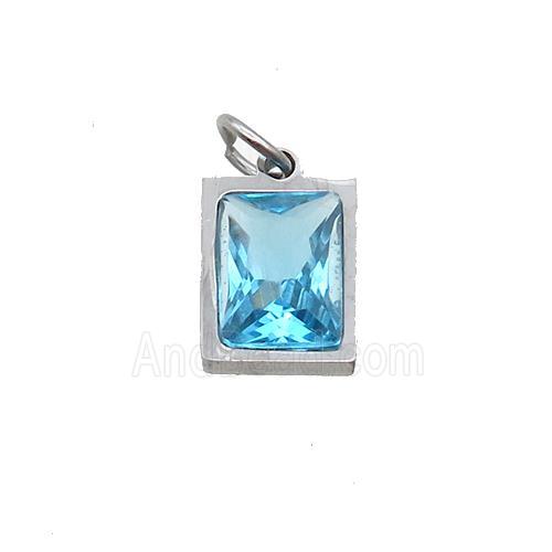 Raw Stainless Steel Rectangle Pendant Pave Aqua Zircon