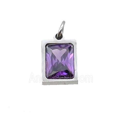 Raw Stainless Steel Rectangle Pendant Pave Purple Zircon