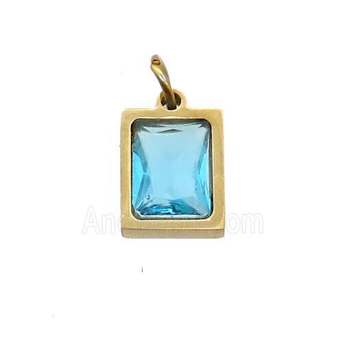 Stainless Steel Rectangle Pendant Pave Aqua Zircon Gold Plated