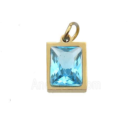 Stainless Steel Rectangle Pendant Pave Aqua Zircon Gold Plated