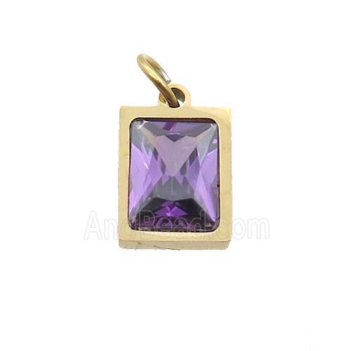 Stainless Steel Rectangle Pendant Pave Purple Zircon Gold Plated