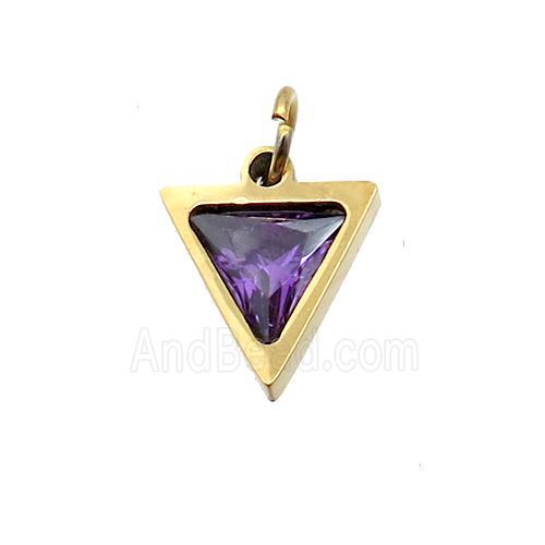 Stainless Steel Triangle Pendant Pave Purple Zircon Gold Plated