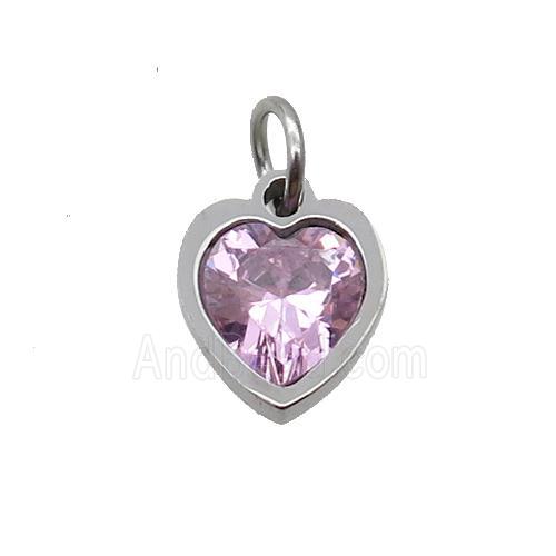 Raw Stainless Steel Heart Pendant Pave Pink Zircon
