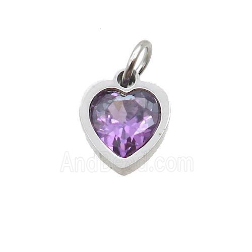 Raw Stainless Steel Heart Pendant Pave Purple Zircon