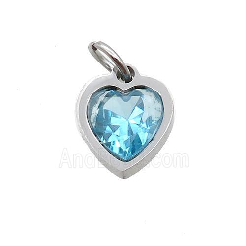 Raw Stainless Steel Heart Pendant Pave Aqua Zircon