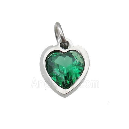 Raw Stainless Steel Heart Pendant Pave Green Zircon