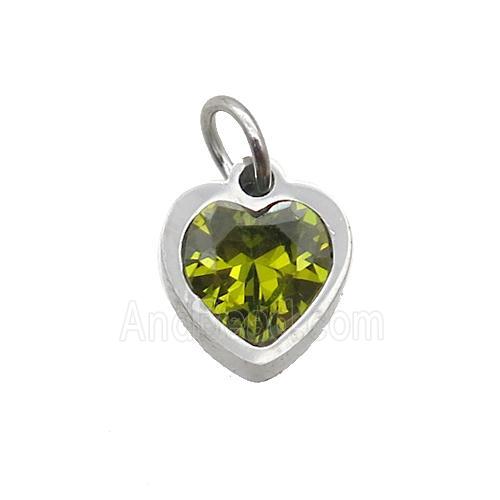 Raw Stainless Steel Heart Pendant Pave Olive Zircon