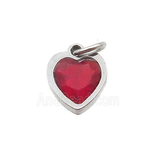 Raw Stainless Steel Heart Pendant Pave Red Zircon