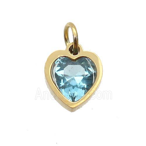 Stainless Steel Heart Pendant Pave Aqua Zircon Gold Plated