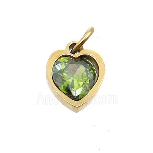 Stainless Steel Heart Pendant Pave Olive Zircon Gold Plated