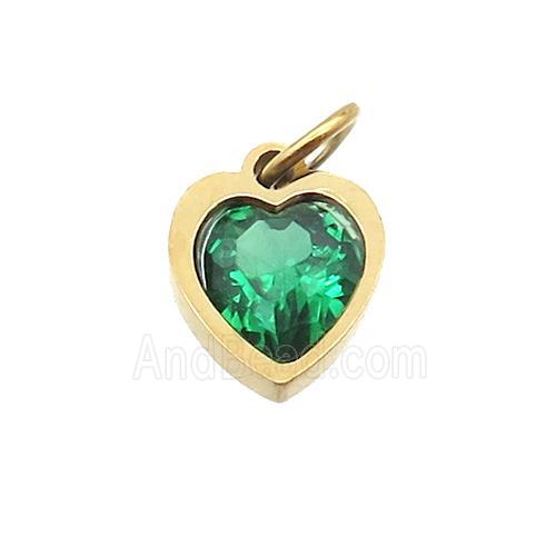 Stainless Steel Heart Pendant Pave Green Zircon Gold Plated