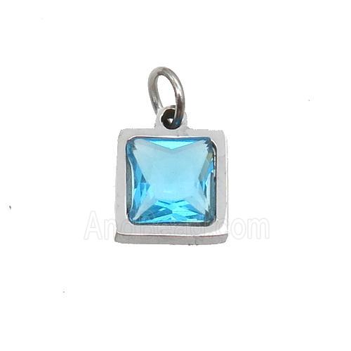 Raw Stainless Steel Square Pendant Pave Aqua Zircon