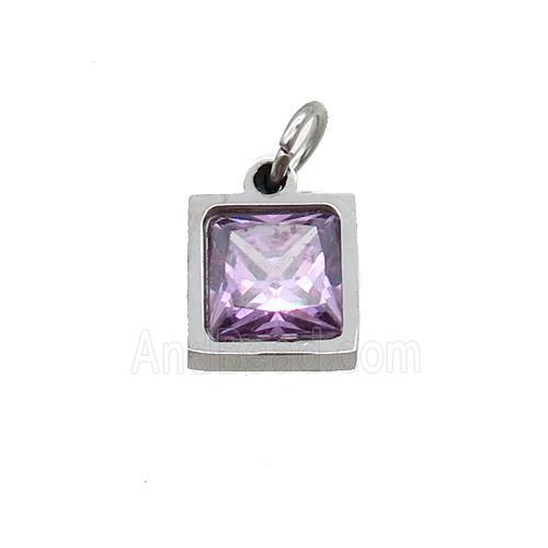 Raw Stainless Steel Square Pendant Pave Purple Zircon