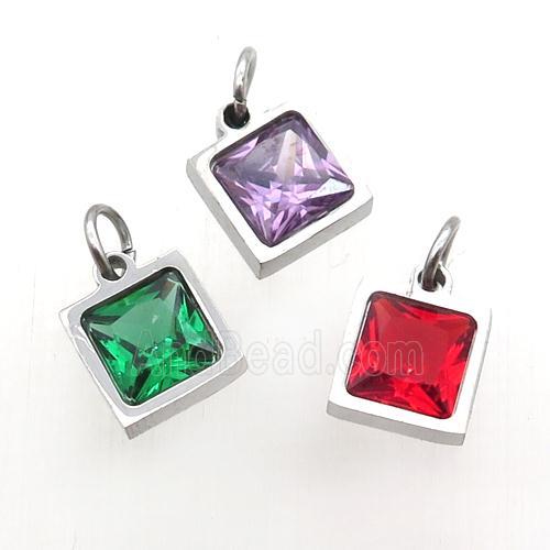 Raw Stainless Steel Square Pendant Pave Zircon Mixed