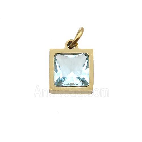 Stainless Steel Square Pendant Pave Aqua Zircon Gold Plated