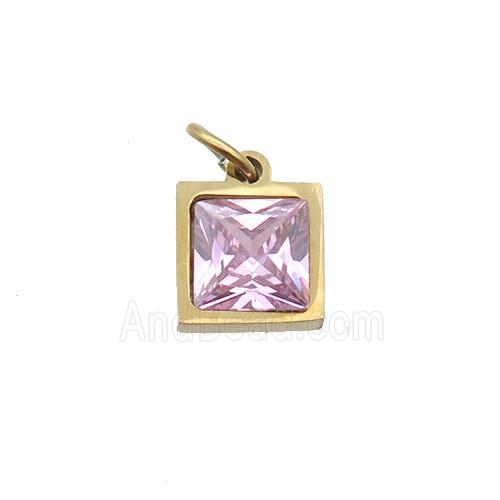 Stainless Steel Square Pendant Pave Pink Zircon Gold Plated