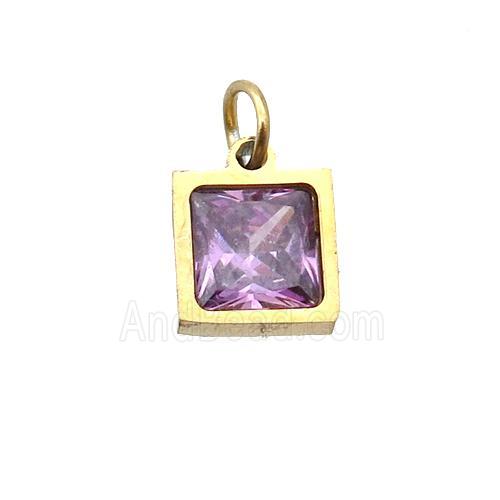 Stainless Steel Square Pendant Pave Purple Zircon Gold Plated