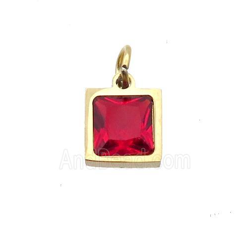 Stainless Steel Square Pendant Pave Red Zircon Gold Plated