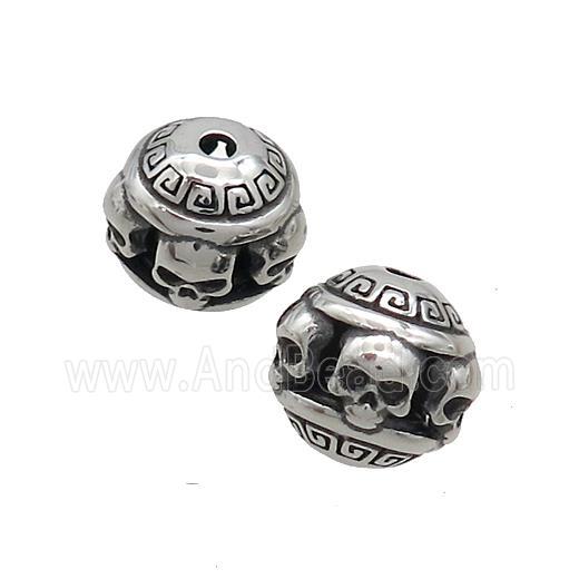Stainless Steel Round Beads Hollow Skull Antique Silver