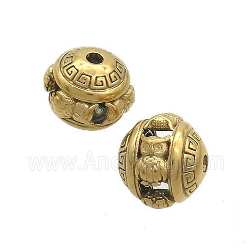 Stainless Steel Round Beads Owl Hollow Gold Plated