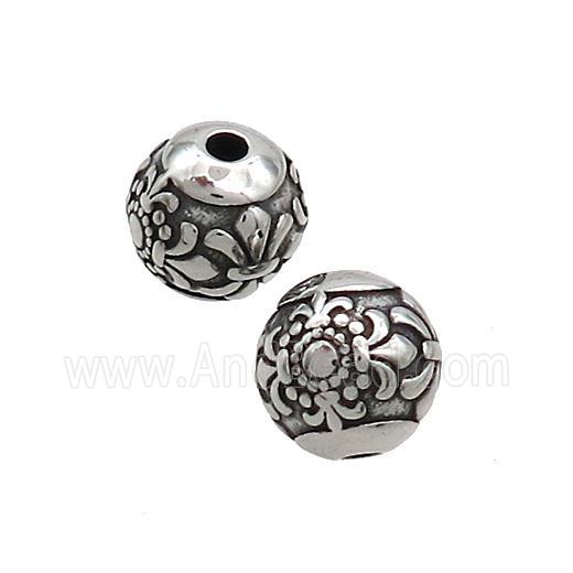 Stainless Steel Beads Round Fleur-de-lis Antique Silver