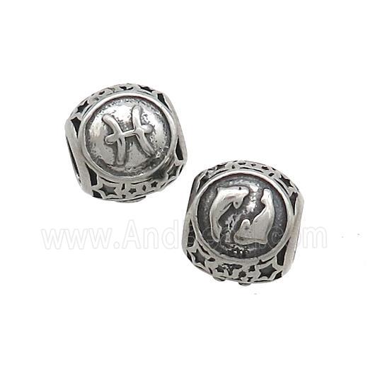 Stainless Steel Round Beads Zodiac Pisces Antique Silver