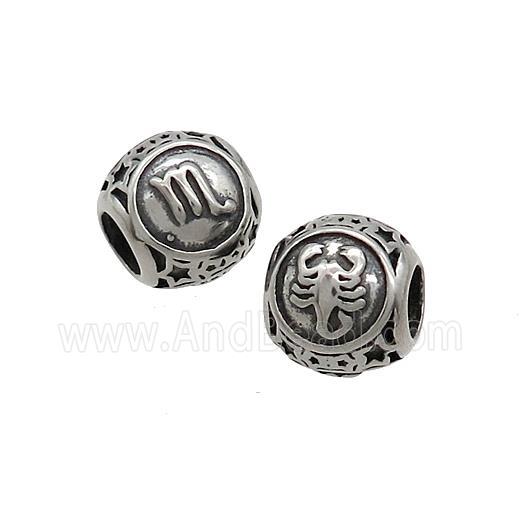 Stainless Steel Round Beads Zodiac Scorpio Antique Silver